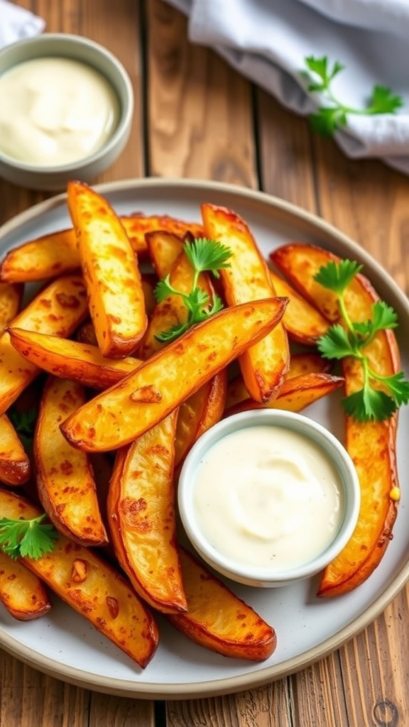 Crispy golden-brown potato wedges garnished with parsley, served with a dipping sauce on a rustic wooden table.